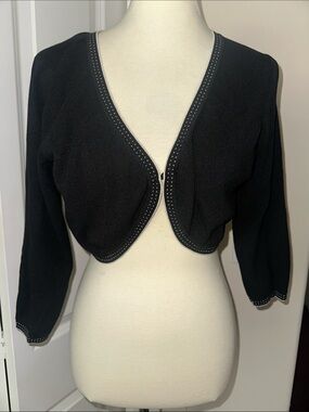 Y2K Ann Taylor LOFT Black Cropped Bolero Sweater with spotted trim Size XL